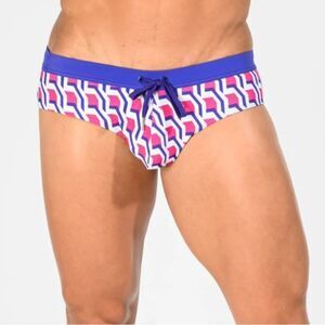 Steele Swimwear Boy Next Door Menswear Freestyle Swim Brief WaveGrid FuchiaM NWT